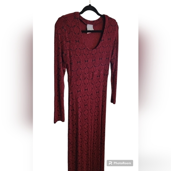 Vintage 90s Whimsigoth Red Black Damask Slinky Bodycon Maxi Dress sz 10 - Picture 3 of 7
